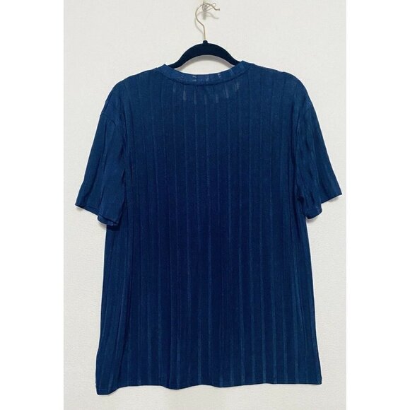 Zara Top Womens Medium Blue Ribbed Crew Neck Short Sleeve Shiny Boho - Picture 3 of 6